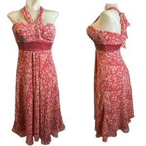 Max And Cleo Trapeze Babydoll Halter Dress 100% Silk Coral Print Lined Zip Sz 2